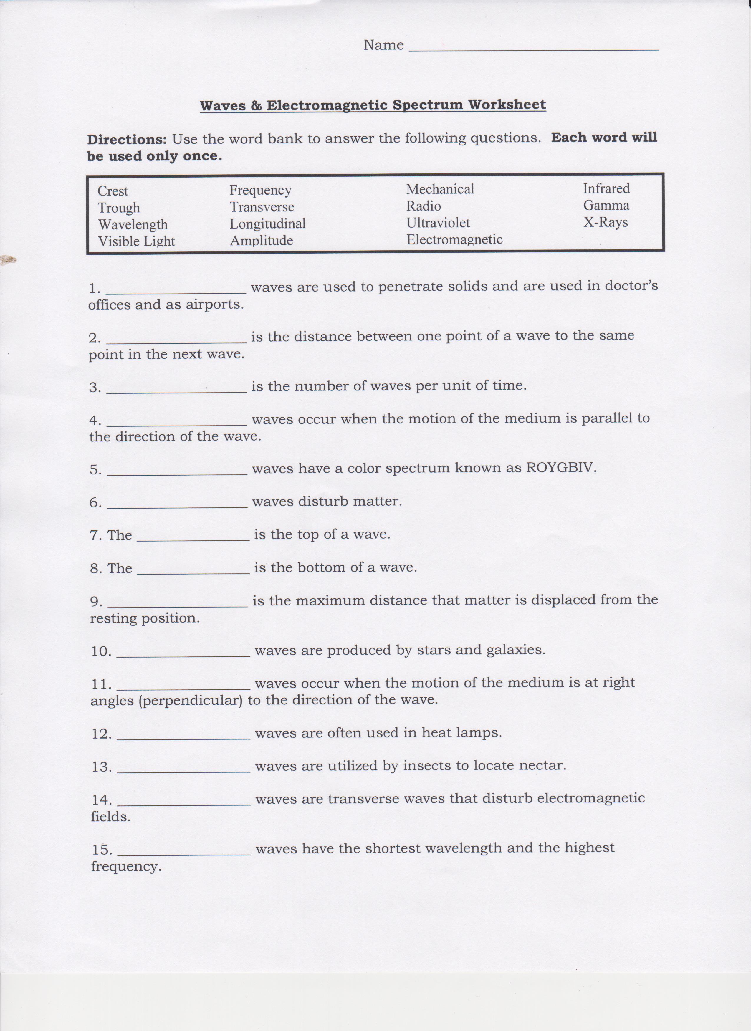 Class Work Within Electromagnetic Spectrum Worksheet Answers